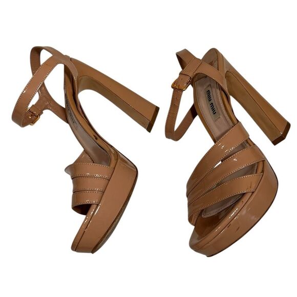Miu Miu Vernice Block Heel Platform Sandals Size 37 1/2 Tan Nude - Picture 5 of 15